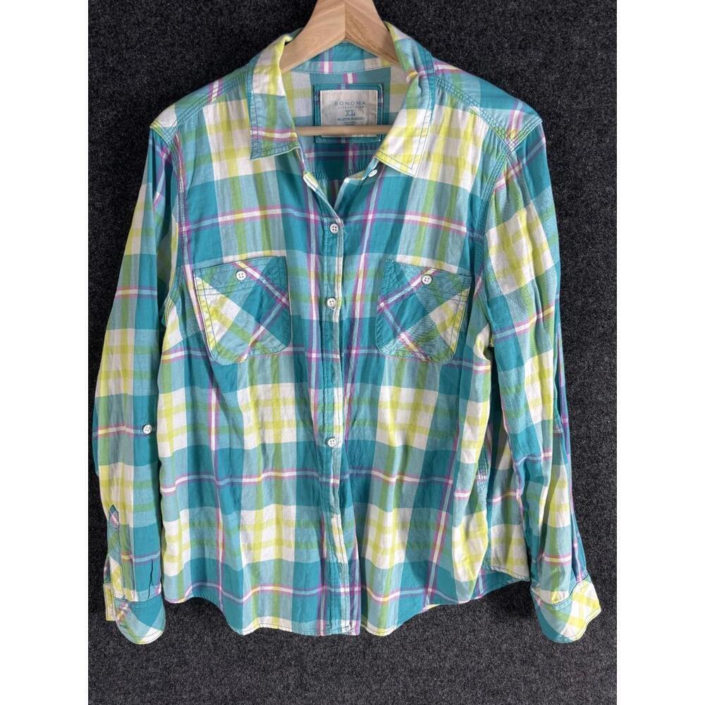 Sonoma Shirt Women XL Blue Plaid Button Up Collared Long Sleeve Pockets Cotton